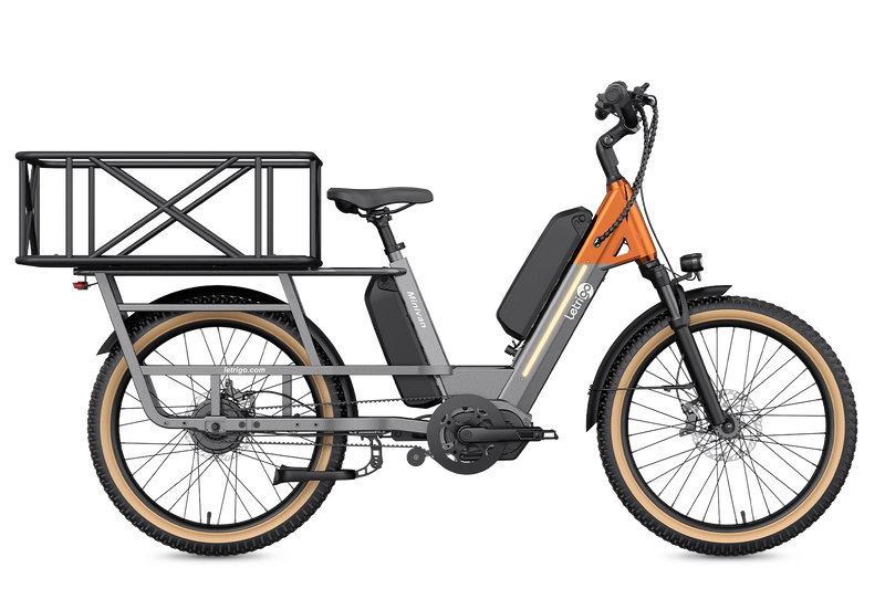 Product display of the gray 500W mid-motor long-tail electric bike Minivan with rear cargo basket