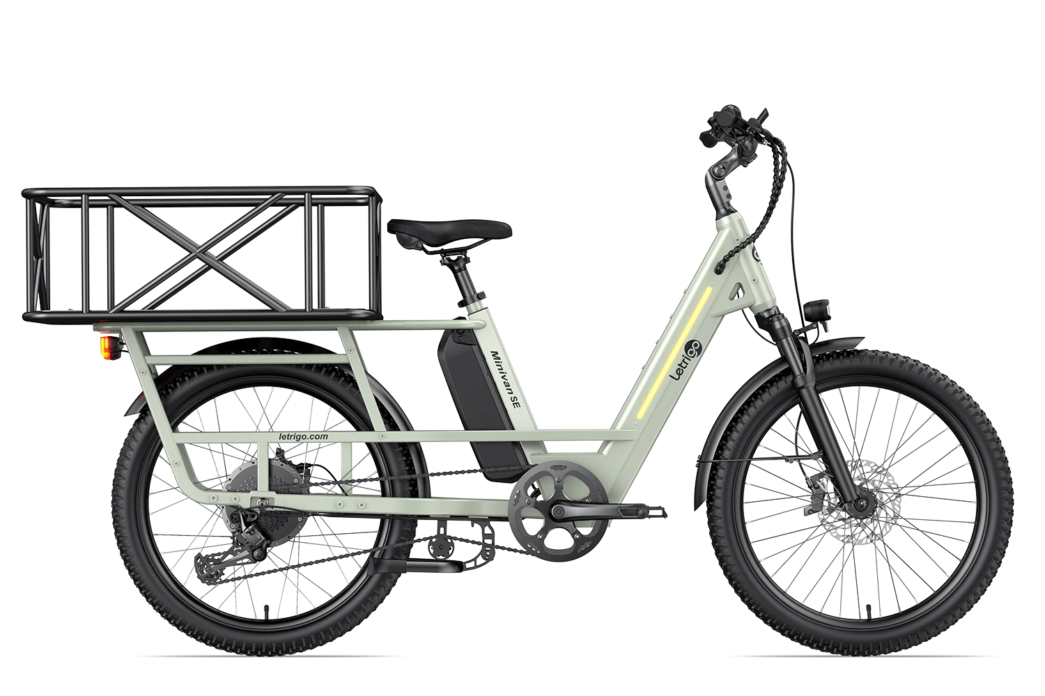This is a green Letrigo Minivan SE multi-purpose cargo bike with a rear cargo basket
