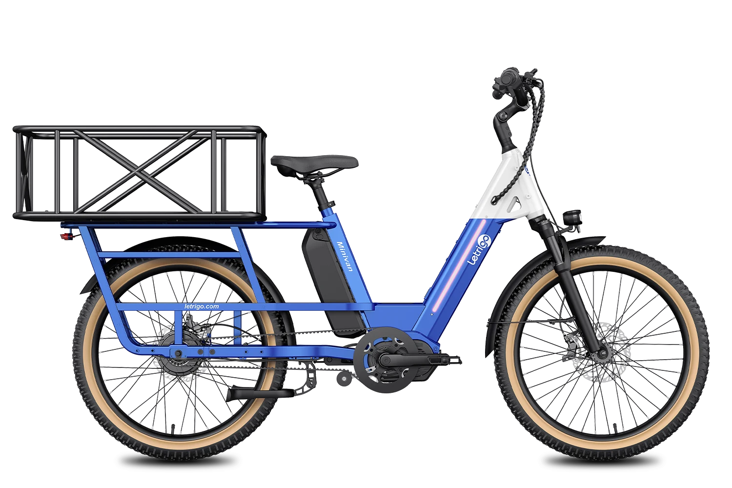 This is a blue Letrigo Minivan multifunctional cargo bike with rear cargo basket