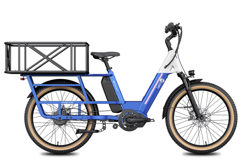 This is a blue Letrigo Minivan multifunctional cargo bike with rear cargo basket