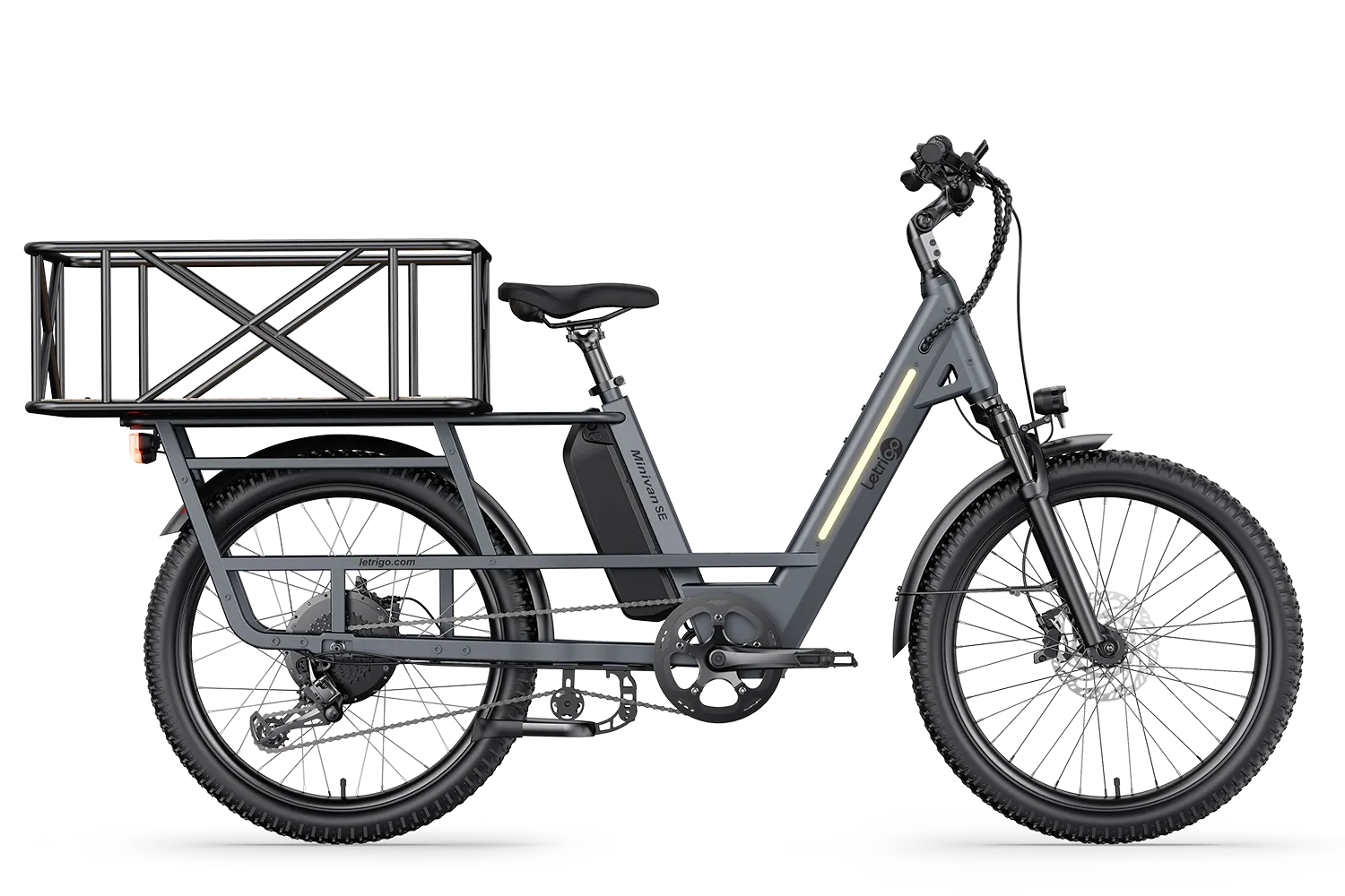 Gray Minivan SE long-tail electric bike with a rear cargo basket, can carry pets