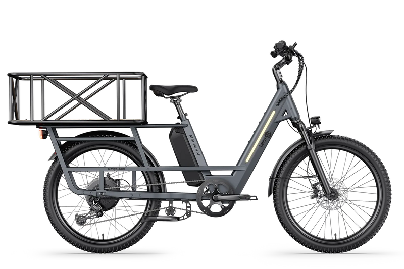 Gray Minivan SE long-tail electric bike with a rear cargo basket, can carry pets