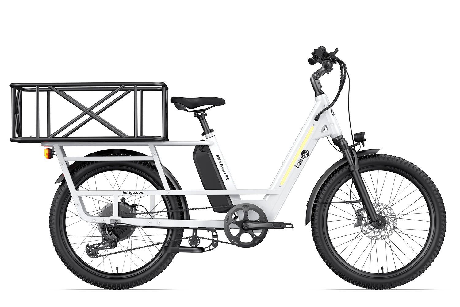 This is a white multi-purpose cargo electric bike Minivan SE with a rear cargo basket