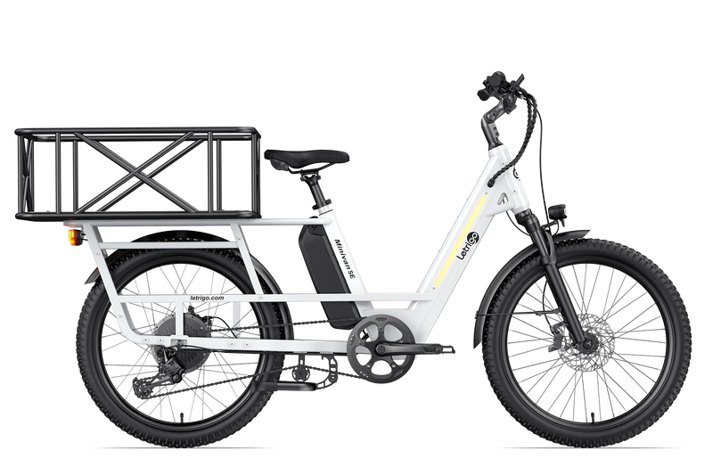 This is a white multi-purpose cargo electric bike Minivan SE with a rear cargo basket