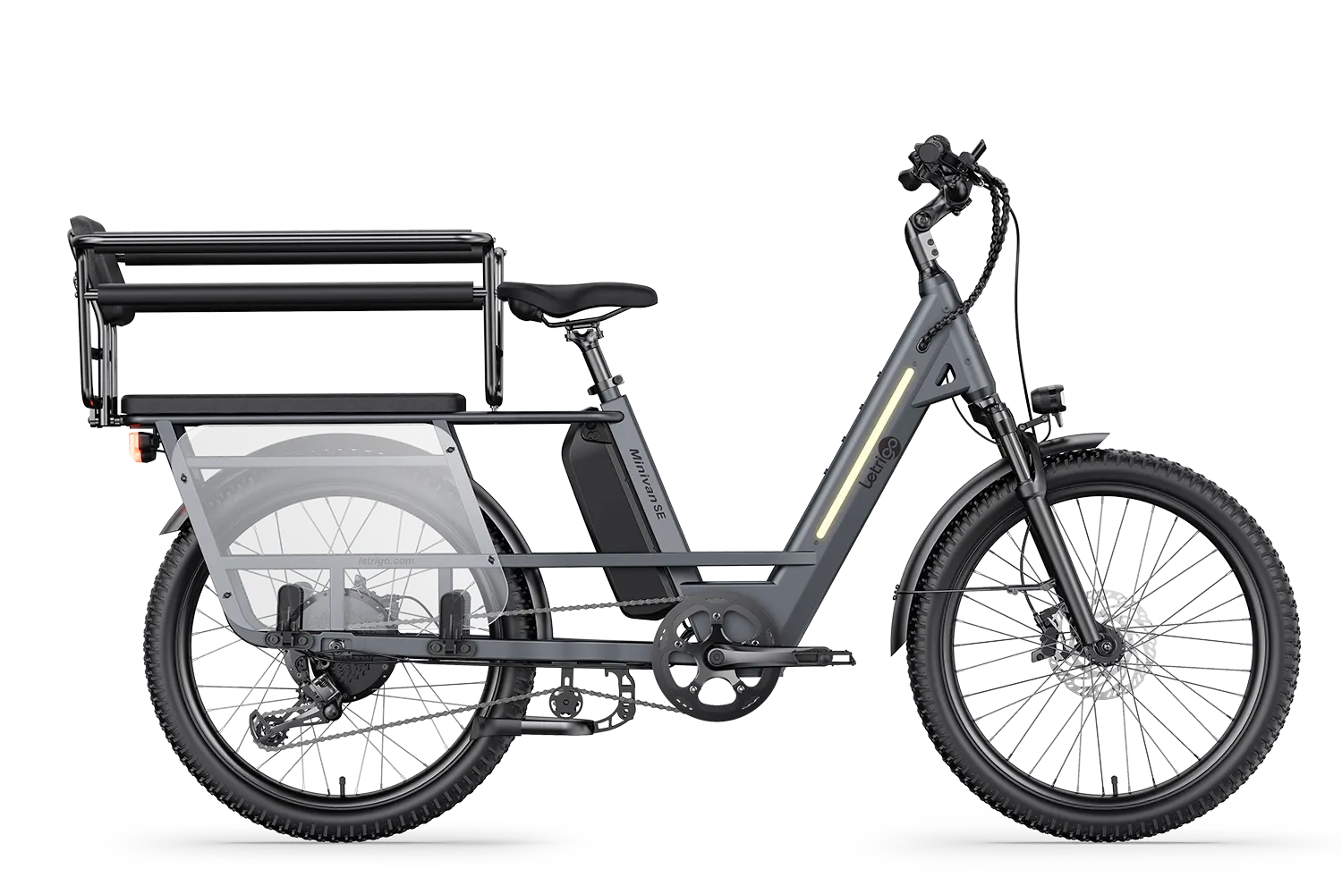 Gray Minivan SE long-tail cargo electric bike with child seat