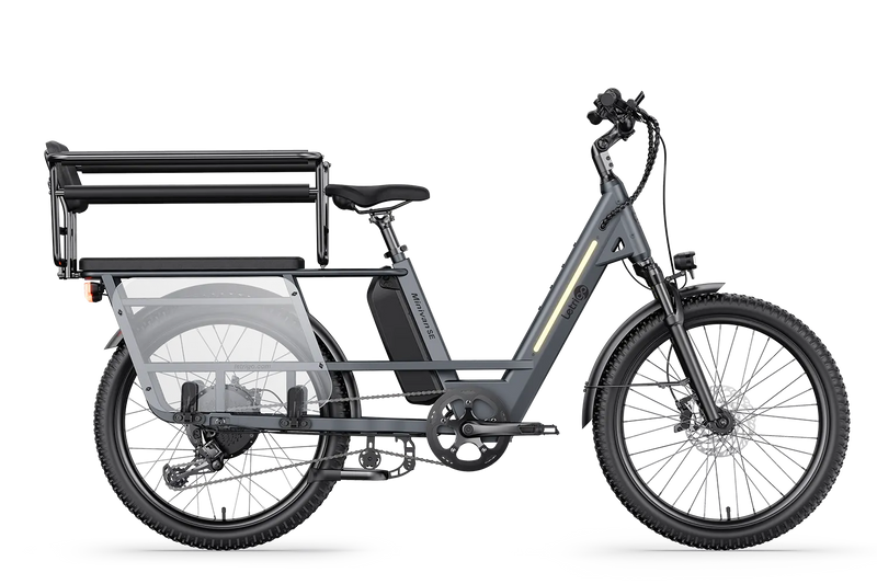 Gray Minivan SE long-tail cargo electric bike with child seat