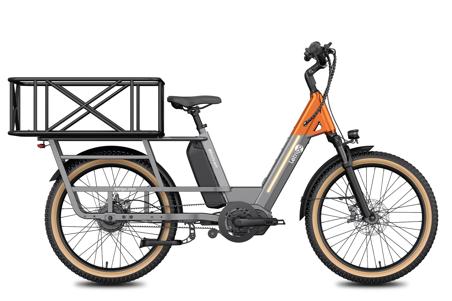 Gray Minivan electric bike with rear cargo basket that can carry pets