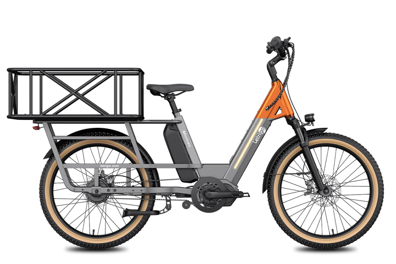 Gray Minivan electric bike with rear cargo basket that can carry pets