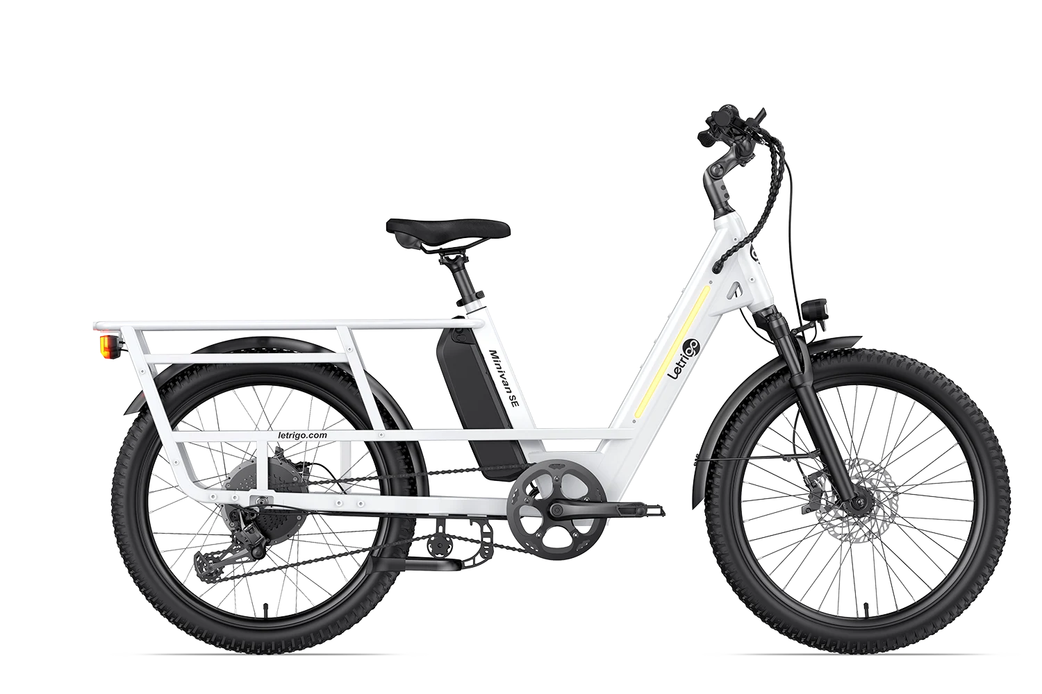 Product display of the white 750W rear hub motor long-tail electric bike Minivan SE