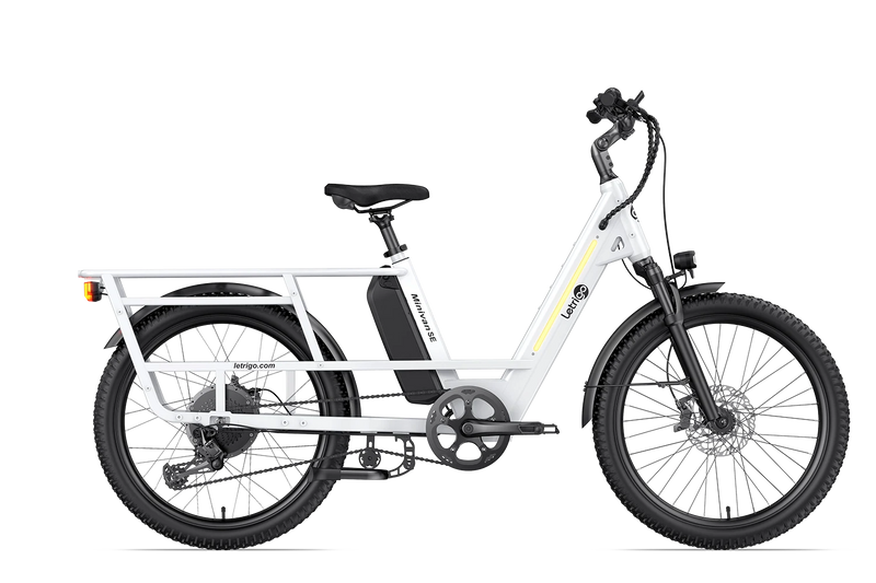 Product display of the white 750W rear hub motor long-tail electric bike Minivan SE
