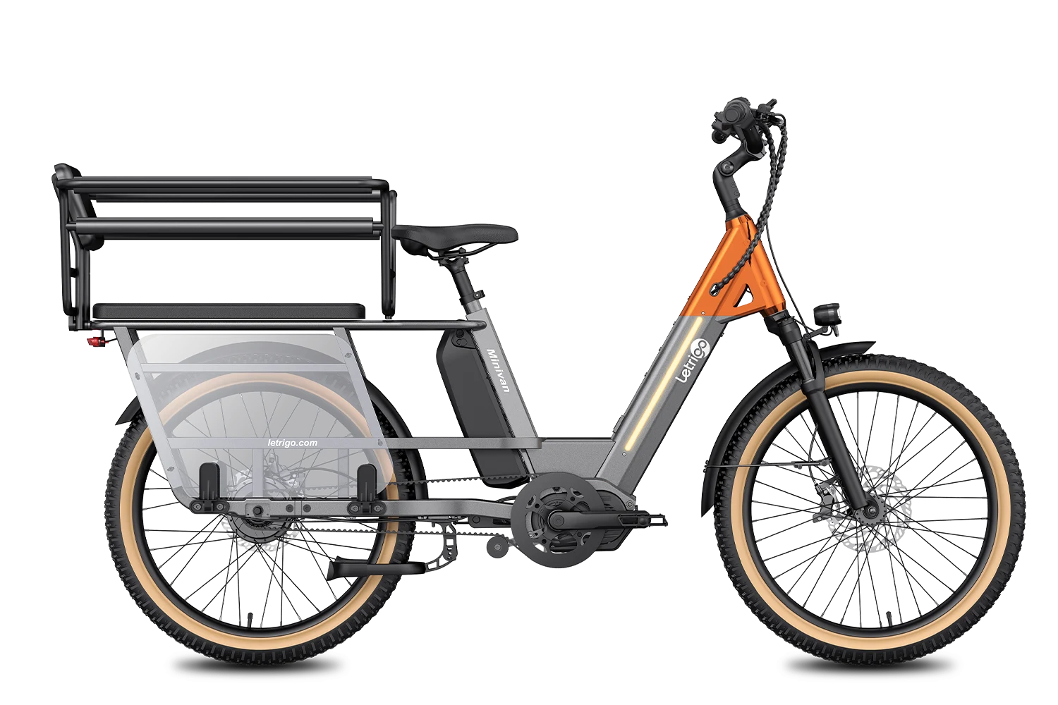 Gray Minivan electric bike with child-carrying seat