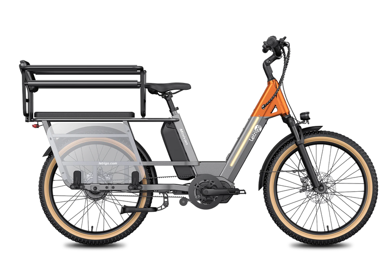 Gray Minivan electric bike with child-carrying seat