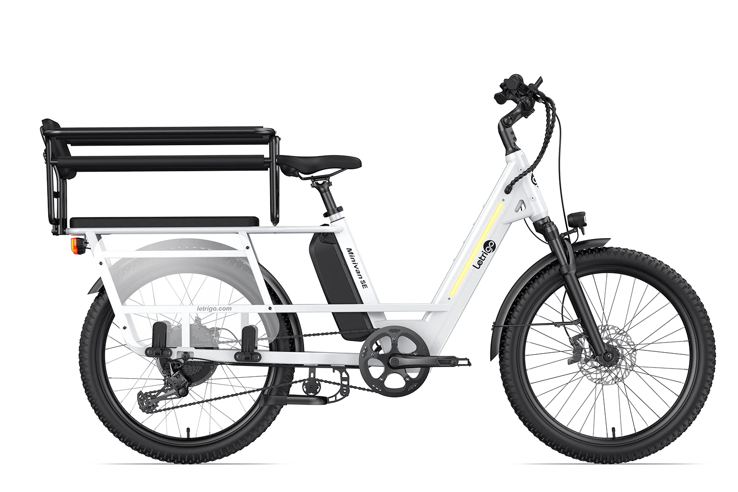 White Minivan SE long-tail electric bike with fenders for children's seats and passengers