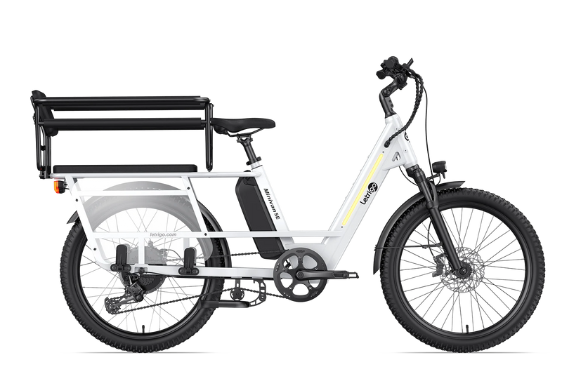 White Minivan SE long-tail electric bike with fenders for children's seats and passengers