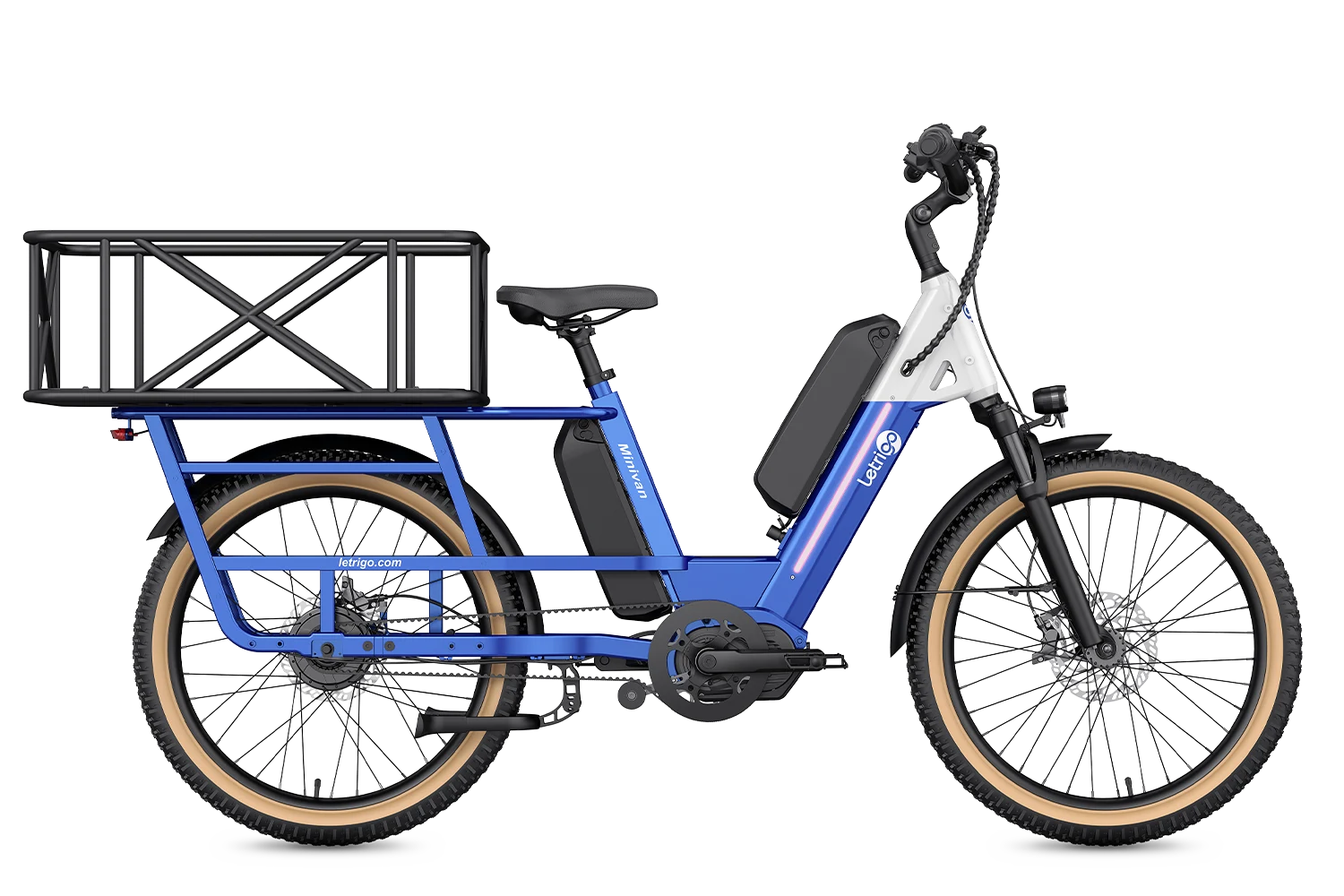 Blue Letrigo Minivan electric cargo bike with rear cargo basket for families