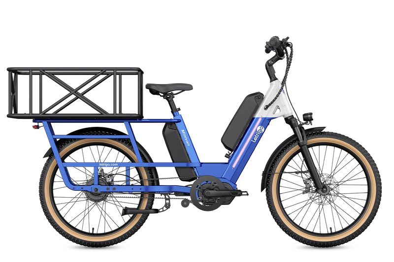 Blue Letrigo Minivan electric cargo bike with rear cargo basket for families