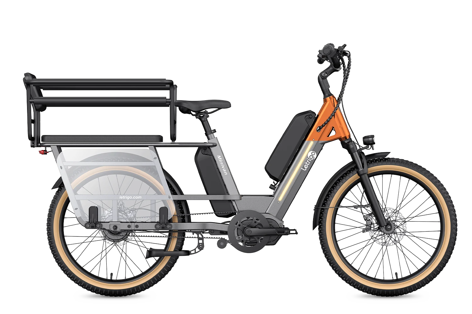 Gray Letrigo Minivan electric longtail bike with dual batteries, with child seat, suitable for long-distance family travel.