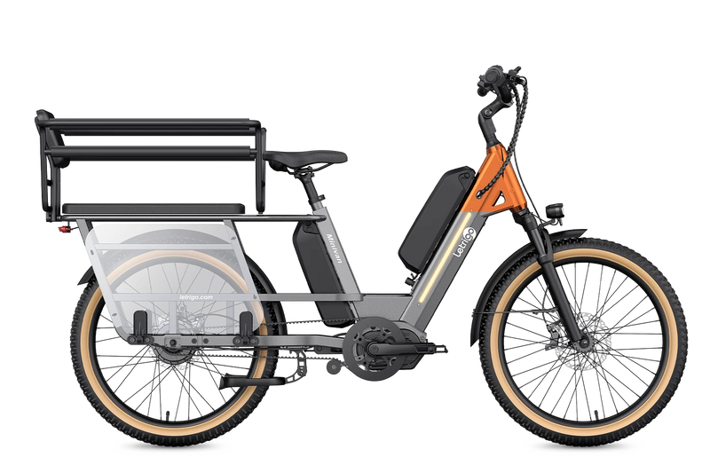 Gray Letrigo Minivan electric longtail bike with dual batteries, with child seat, suitable for long-distance family travel.