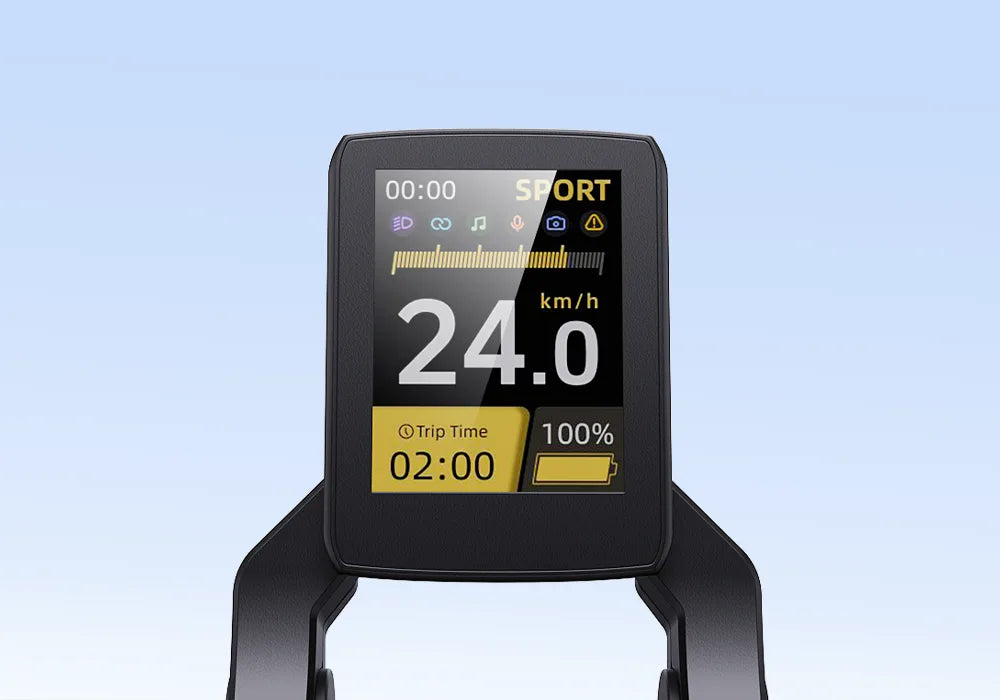 A close-up of a modern e-bike computer display mounted on the handlebars, showing a speed of 24.0 km/h, a trip time of 02:00, and a 100% battery level. The display is in 